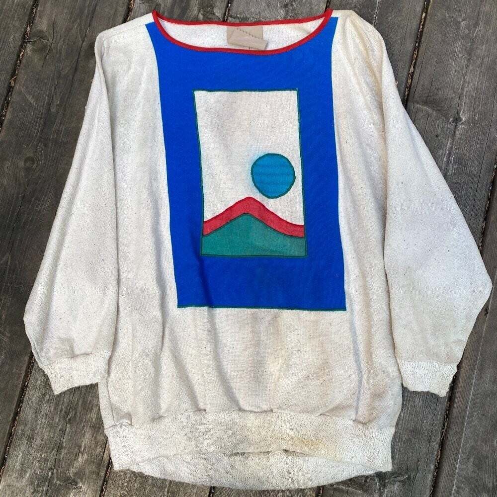 Vintage 50s Canvas Embroidered Crewneck Sweater Large Distressed